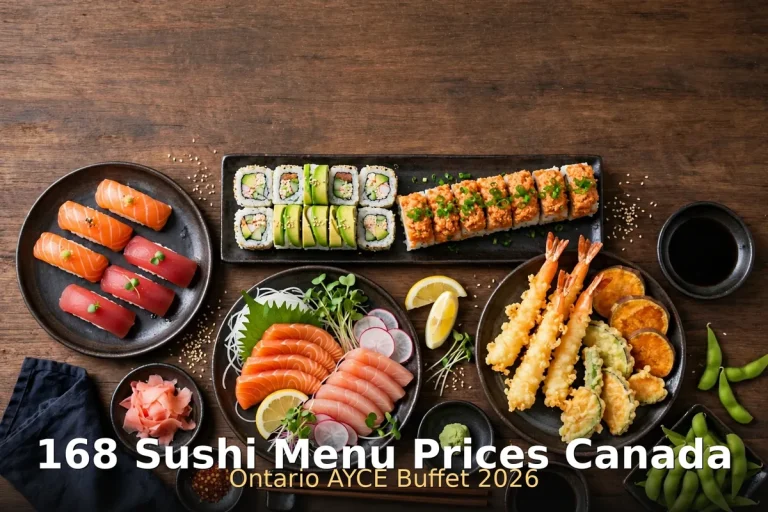 AI AYCE sushi spread photo with 168 Sushi Menu Prices Canada text overlay, 168 sushi menu prices canada 2026