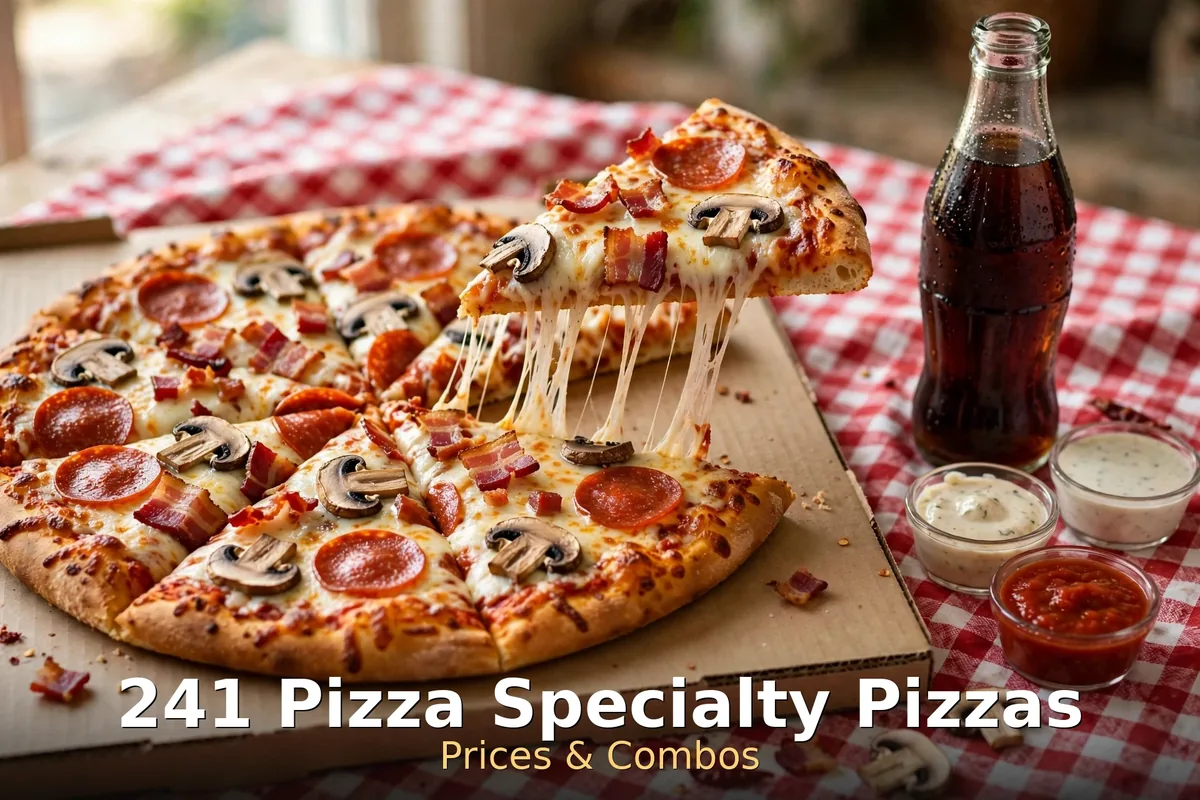 241 Pizza specialty pizzas prices Canada: loaded specialty pizza with melted cheese pull, dipping sauces and cola