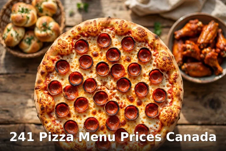 241 Pizza Menu Prices Canada 2026: Cup n' Char pepperoni pizza with chicken wings and garlic pizza knots on a wooden table