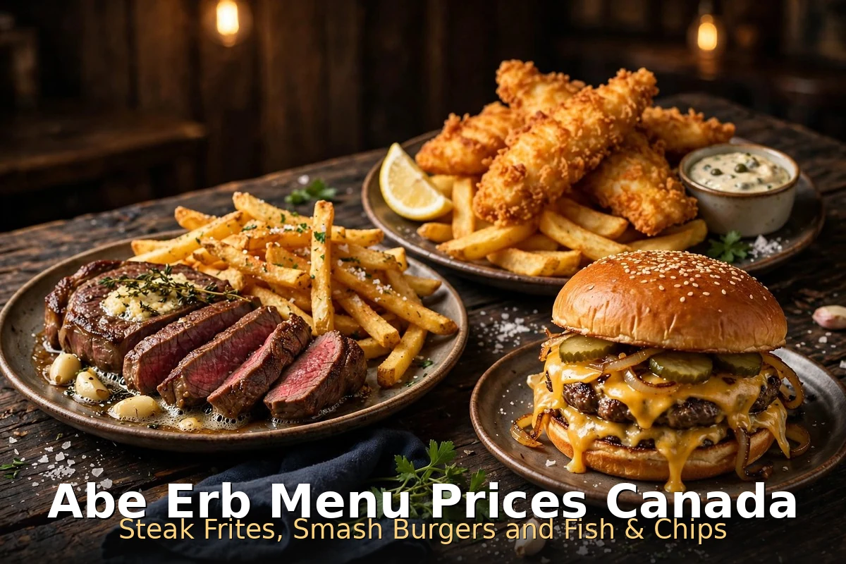 Abe Erb menu prices Canada 2026 featured: AI-generated pub comfort-food spread photo