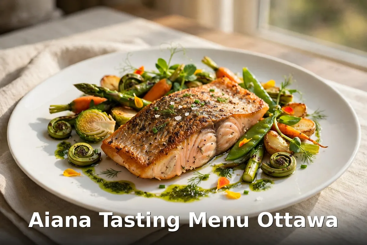 Aiana tasting menu Ottawa, seared Arctic char with fiddleheads and spring vegetables on a white plate