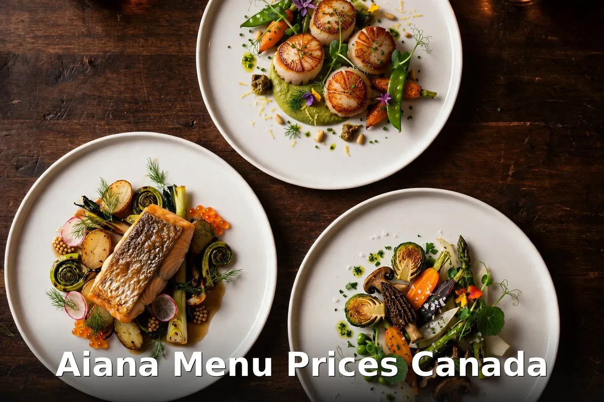 Aiana menu prices Canada, Ottawa fine dining tasting plates with seared scallops and salmon on a dark wood table