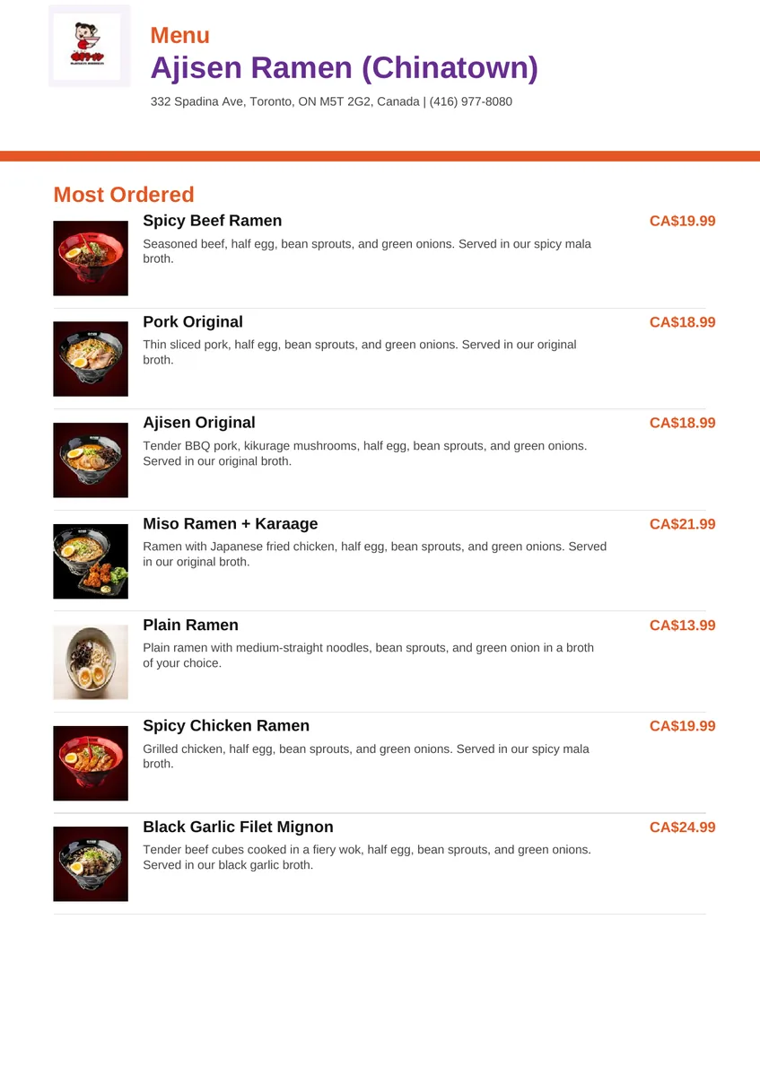 Ajisen Ramen menu card with current Canadian prices, ajisen ramen menu prices canada
