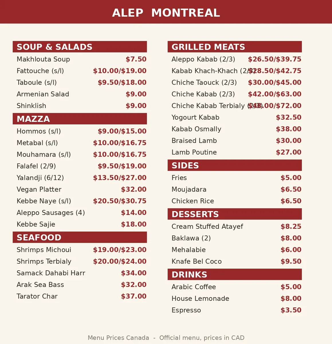 Alep Canada menu card with shorba, salata, mazza, kebab, seafood and halawiyat prices in CAD