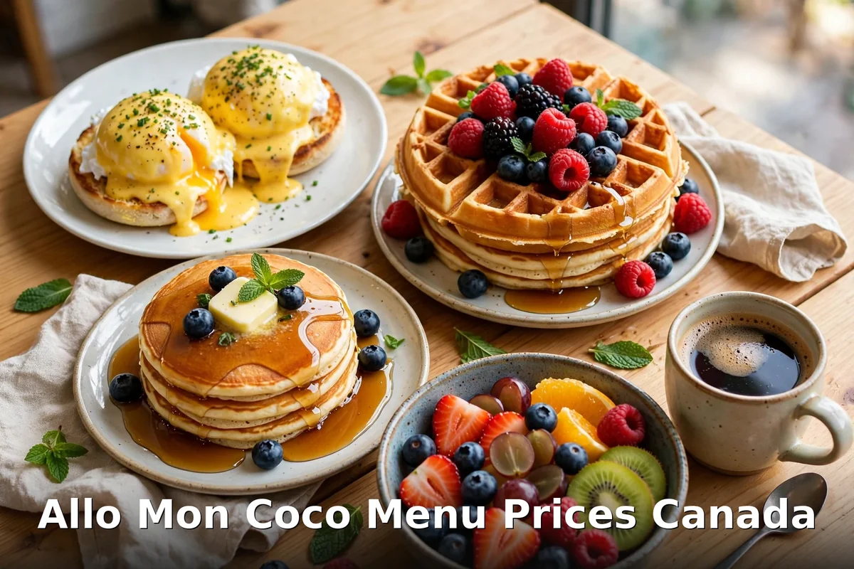 Allo Mon Coco menu prices Canada 2026, AI breakfast spread with eggs benedict waffles pancakes and coffee