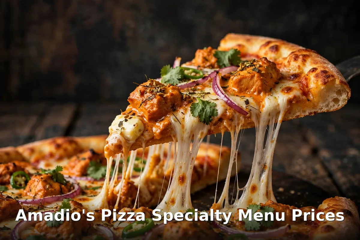 Amadio's Pizza butter chicken pizza slice with a long cheese pull, amadio's pizza butter chicken pizza price canada