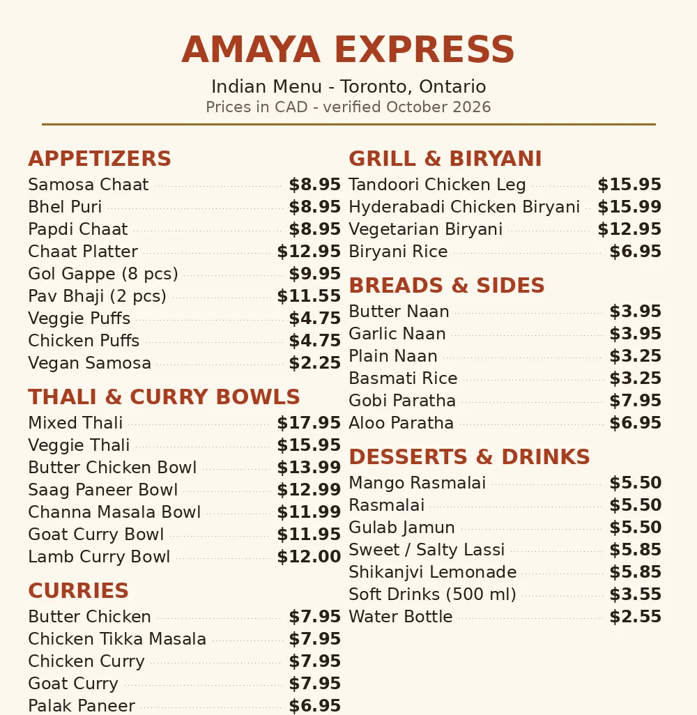 Amaya Express official menu card showing chaat, thali, curry and biryani prices in CAD, amaya menu prices canada