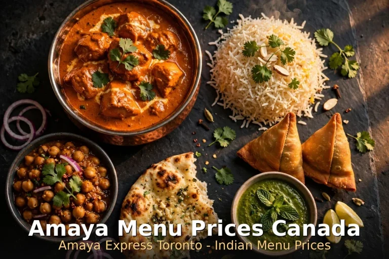 Appetizing Indian food spread with butter chicken, basmati rice, naan and samosas at Amaya Express, amaya menu prices canada 2026