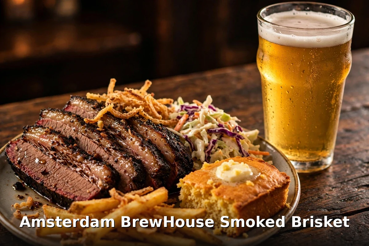 Amsterdam BrewHouse smoked brisket dinner price, sliced smoked brisket plate at Amsterdam BrewHouse Toronto Canada