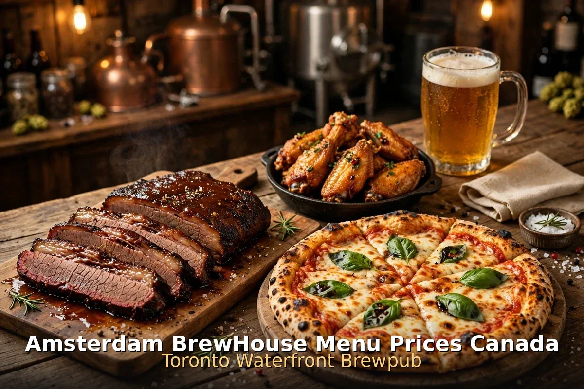 Amsterdam BrewHouse menu prices, smoked brisket and beer spread at Amsterdam BrewHouse Toronto Canada 2026