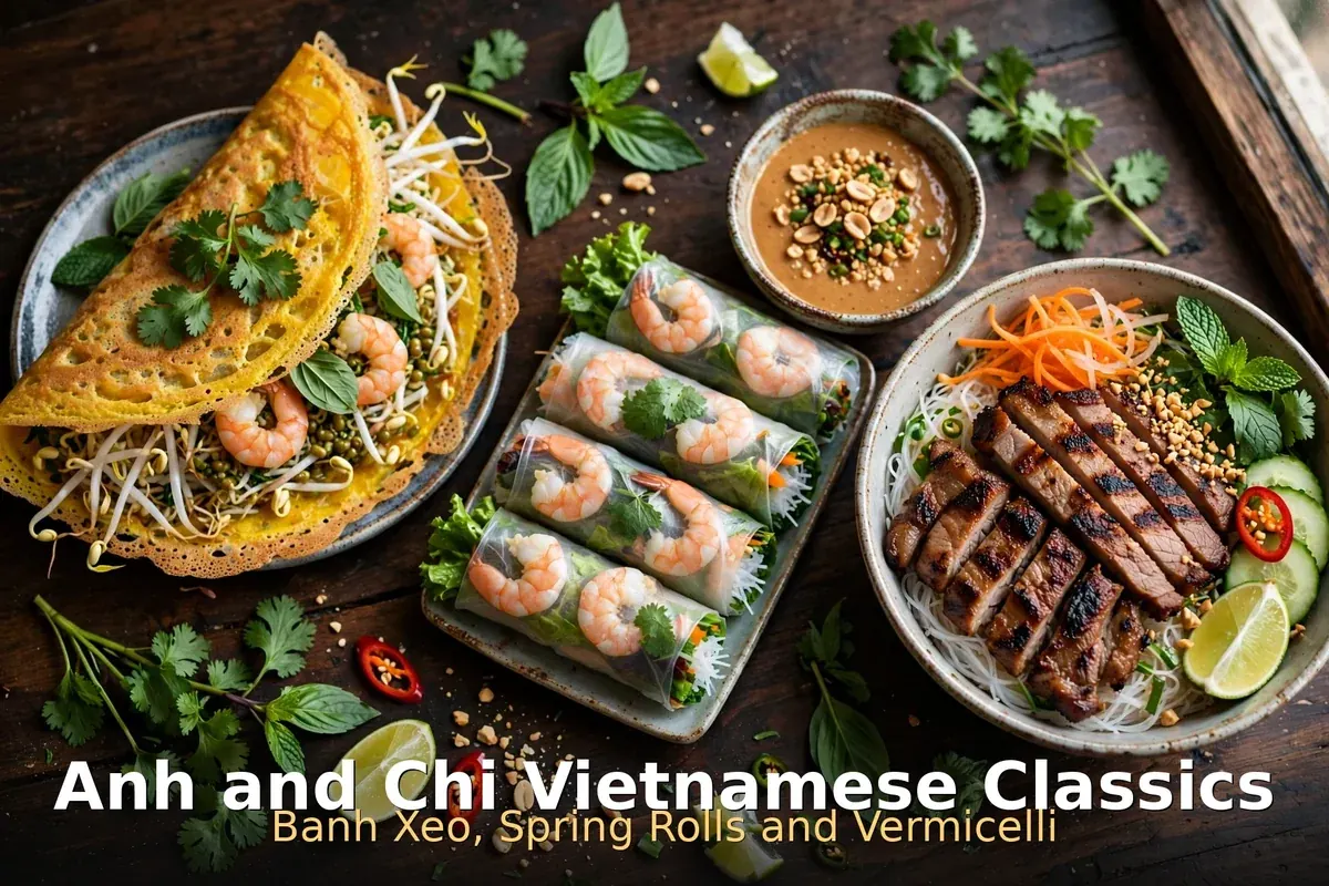Vietnamese banh xeo crepe, fresh spring rolls and grilled vermicelli bowl, anh and chi vietnamese classics prices canada