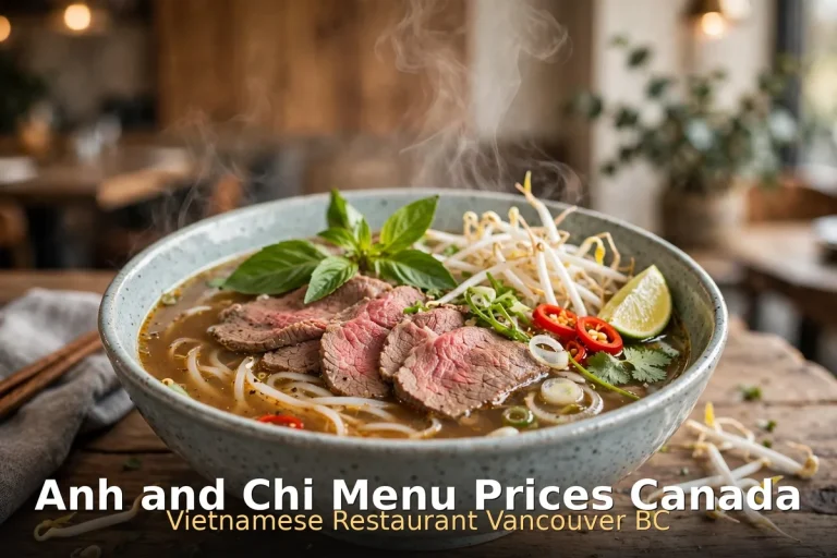 Steaming bowl of pho with beef slices, bean sprouts and basil at Anh and Chi, anh and chi prices canada 2026