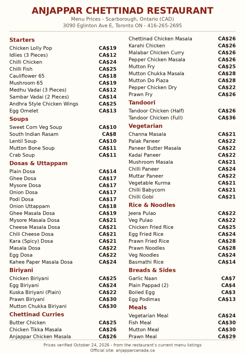 Anjappar Chettinad Restaurant menu prices Scarborough Ontario, Anjappar menu prices Canada