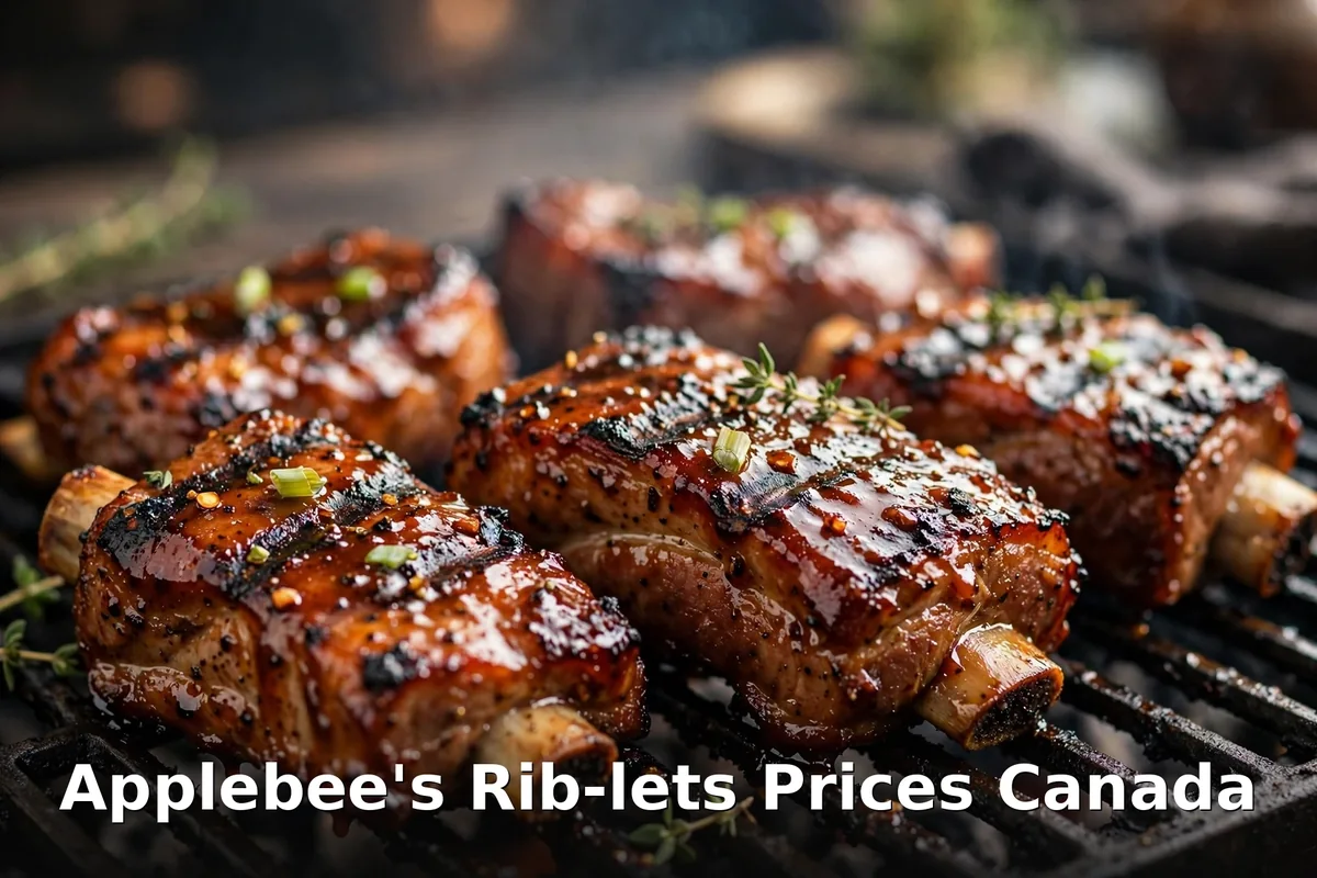 Applebee's rib-lets prices Canada: BBQ-glazed pork rib-lets on a grill with fries