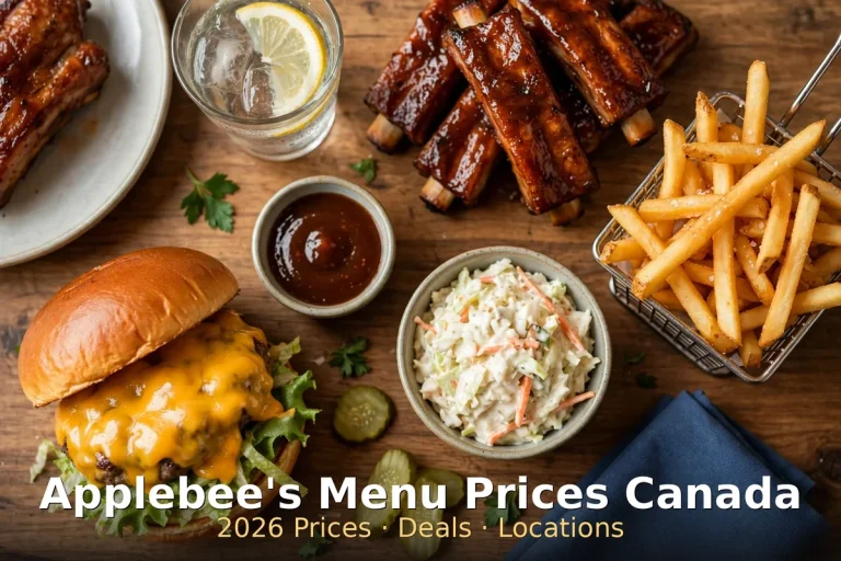 Applebee's Menu Prices Canada 2026: American casual-dining spread of burgers, riblets and fries on a restaurant table