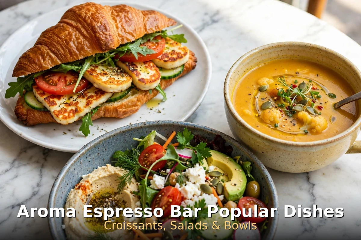 AI-generated Mediterranean lunch spread with halloumi croissant sandwich, feta salad and lentil soup, PIL keyword overlay, Aroma Espresso Bar croissant sandwiches and lunch