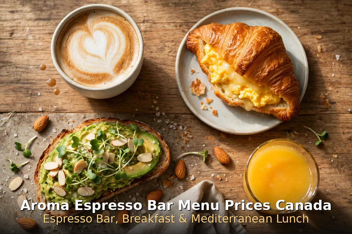 Aroma Espresso Bar menu prices Canada 2026 featured: AI-generated espresso bar breakfast flat-lay with latte art, egg croissant, avocado toast and orange juice, crisp PIL keyword overlay