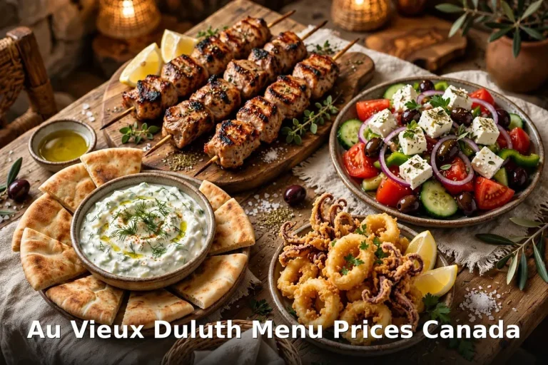 Au Vieux Duluth menu prices Canada 2026: grilled souvlaki skewers, Greek salad, calamari and tzatziki