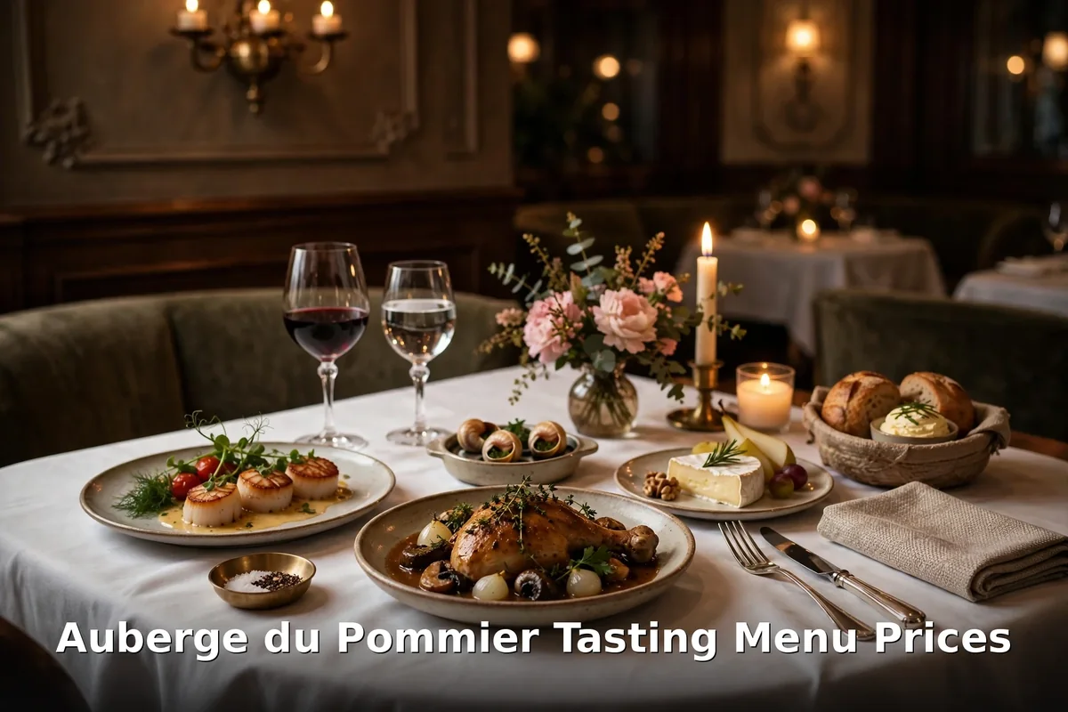 Elegant French fine dining table scene, Auberge du Pommier menu prices Canada Toronto