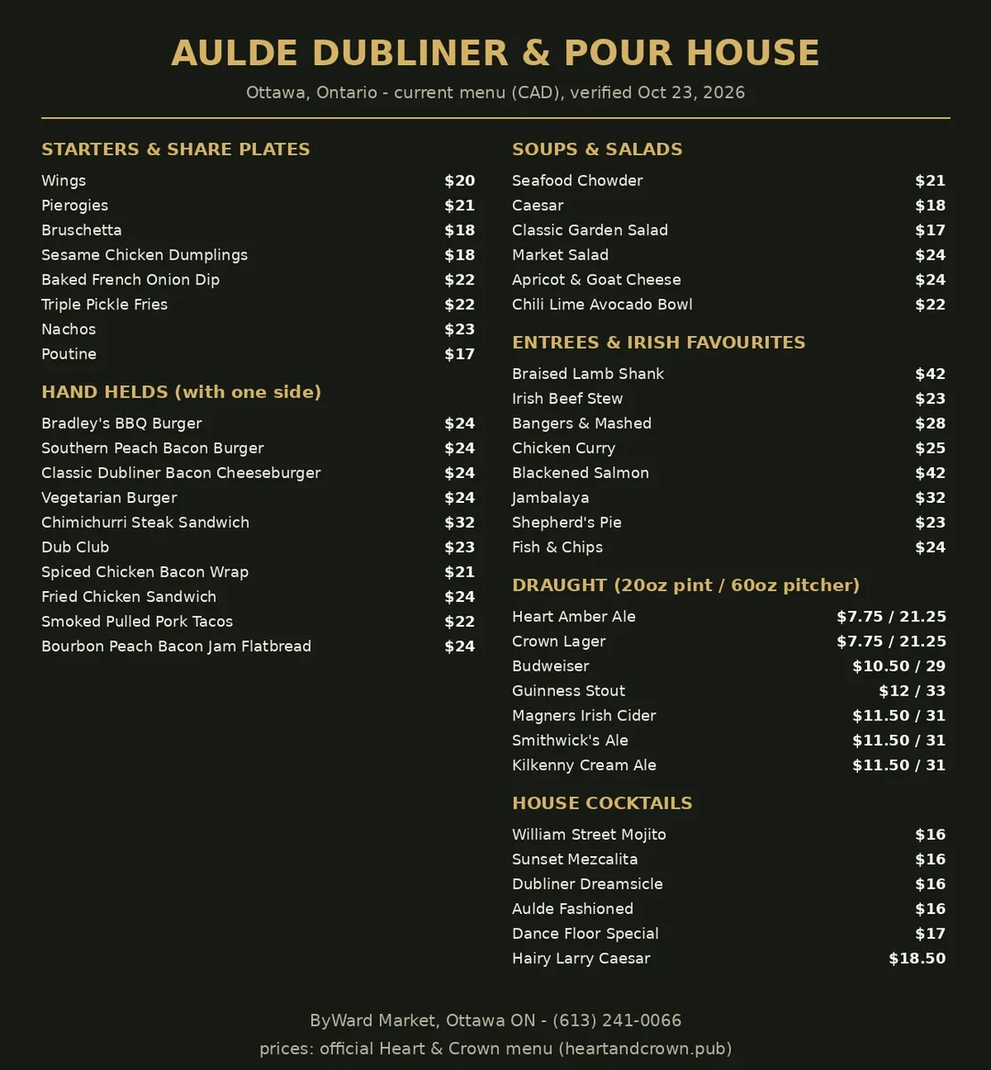 aulde dubliner menu prices Canada 2026: current Aulde Dubliner Canada menu card with starter, hand held, soup, salad and Irish favourite prices in CAD