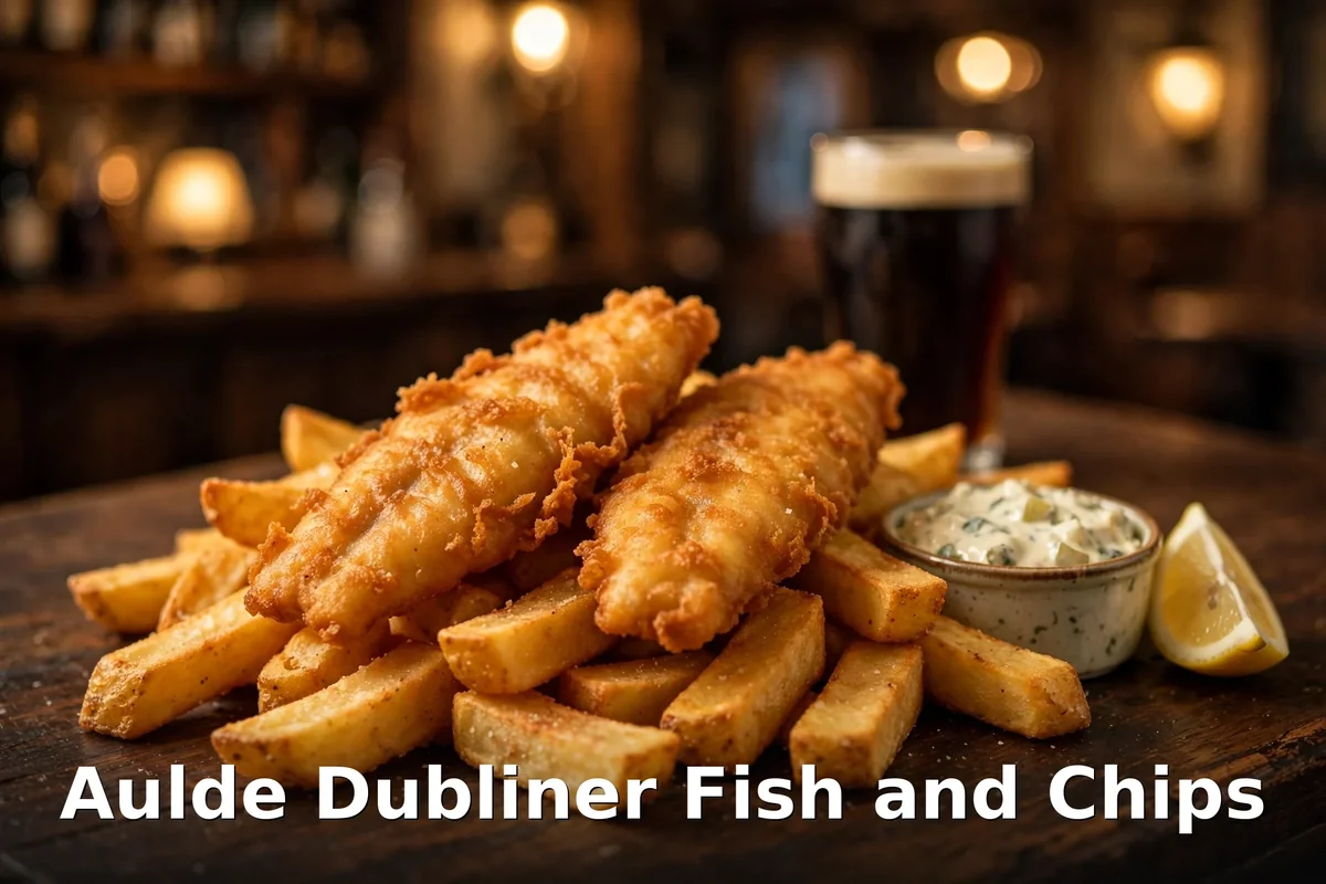 aulde dubliner fish and chips price $24, golden battered fish and thick-cut chips with tartare sauce at Aulde Dubliner Ottawa