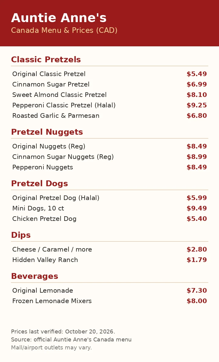 Auntie Anne's menu card with current Canadian pretzel prices, auntie anne's menu prices canada