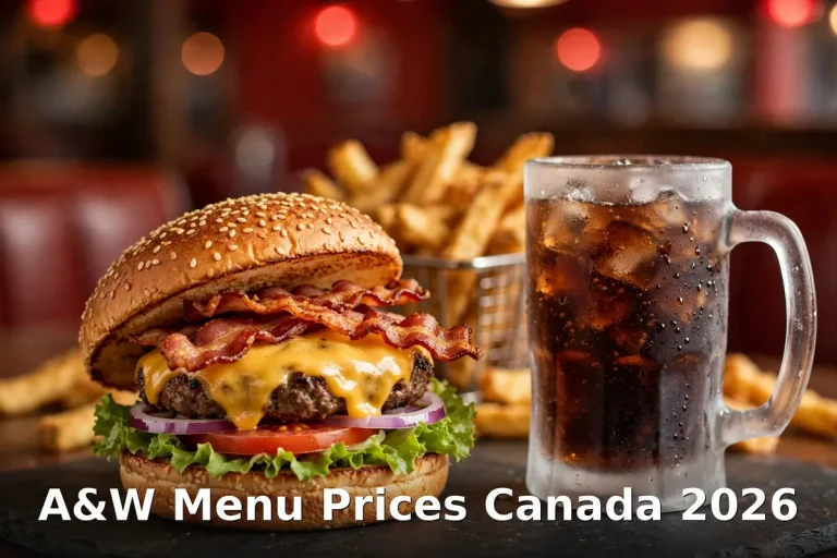 A&W menu prices Canada 2026, AI burger photo with keyword text overlay