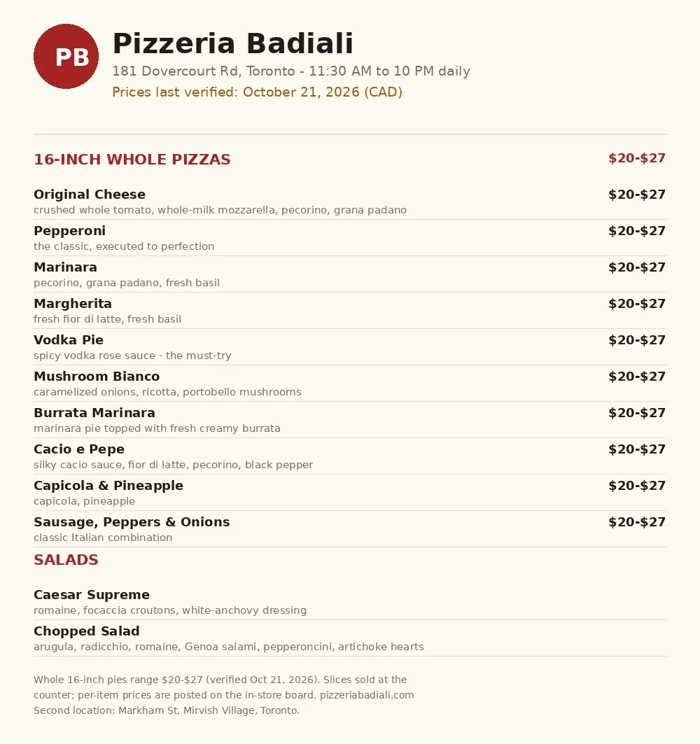 Pizzeria Badiali menu card with current 16-inch pizza menu and prices in CAD, Badiali menu prices Canada