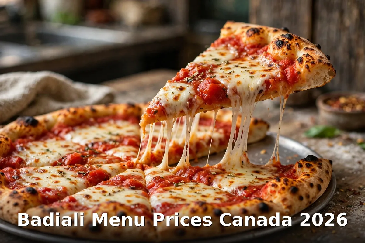 Badiali menu prices Canada - NY-style cheese-pull pizza slice with "Badiali Menu Prices Canada 2026" overlay, Badiali menu prices