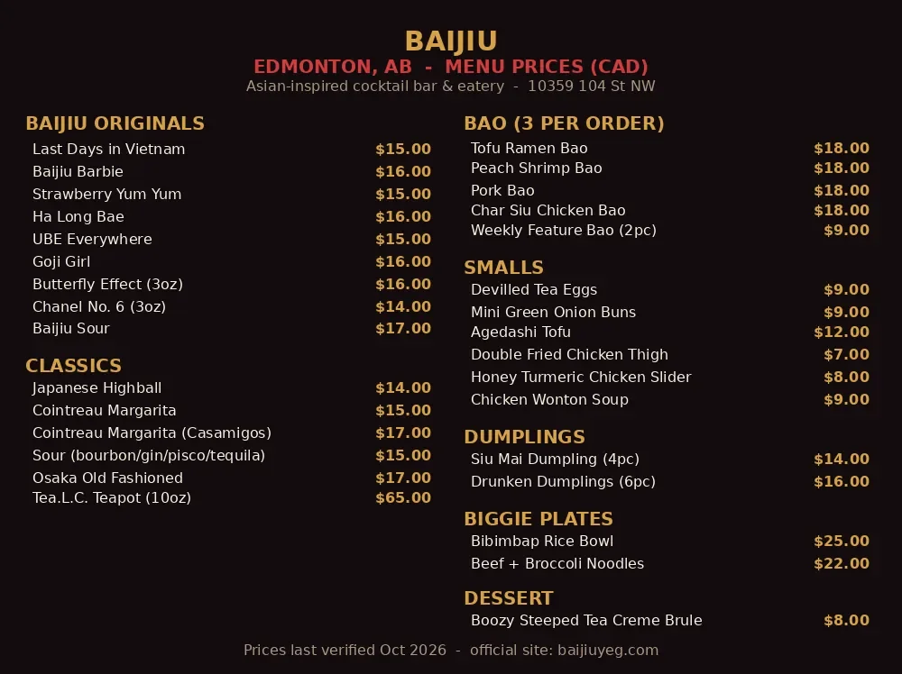 Baijiu menu card showing cocktail, bao, dumpling and biggie plate prices in CAD, baijiu menu prices canada