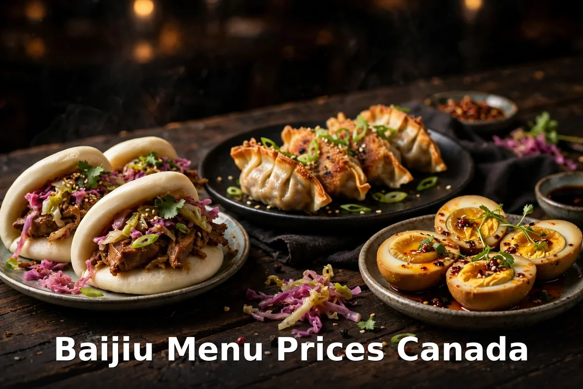 Baijiu menu prices Canada 2026 featured: AI-generated Asian bao and dumpling spread photo
