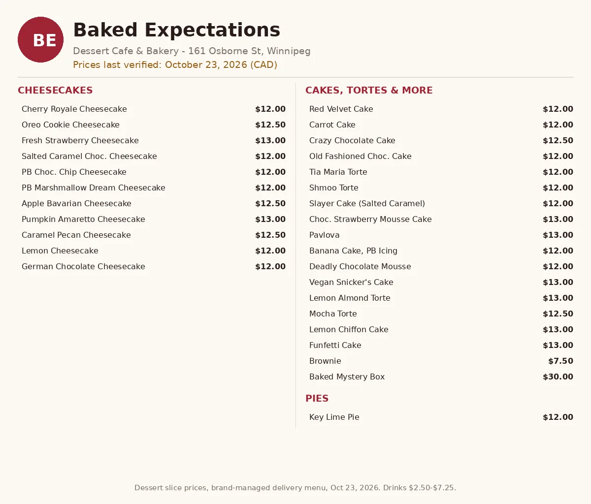 Baked Expectations menu card Canada 2026: verified cheesecake prices $12-$13, cakes and tortes, drinks from the brand-managed DoorDash menu and official bakedexpectations.ca bakery menu, baked expectations menu prices canada