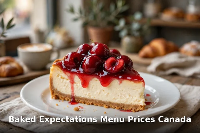 Baked Expectations menu prices Canada 2026: cherry cheesecake slice at Winnipeg's cheesecake landmark, baked expectations menu prices canada