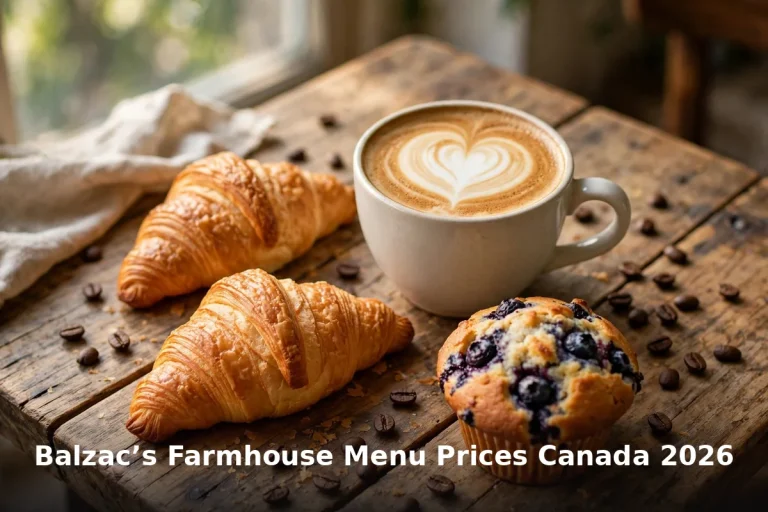 balzacs farmhouse menu prices canada 2026: latte with heart latte art, croissants and blueberry muffin on a cafe table
