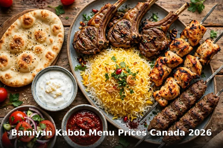 Bamiyan Kabob menu prices Canada: charcoal-grilled Afghan kabob platter with naan and basmati rice