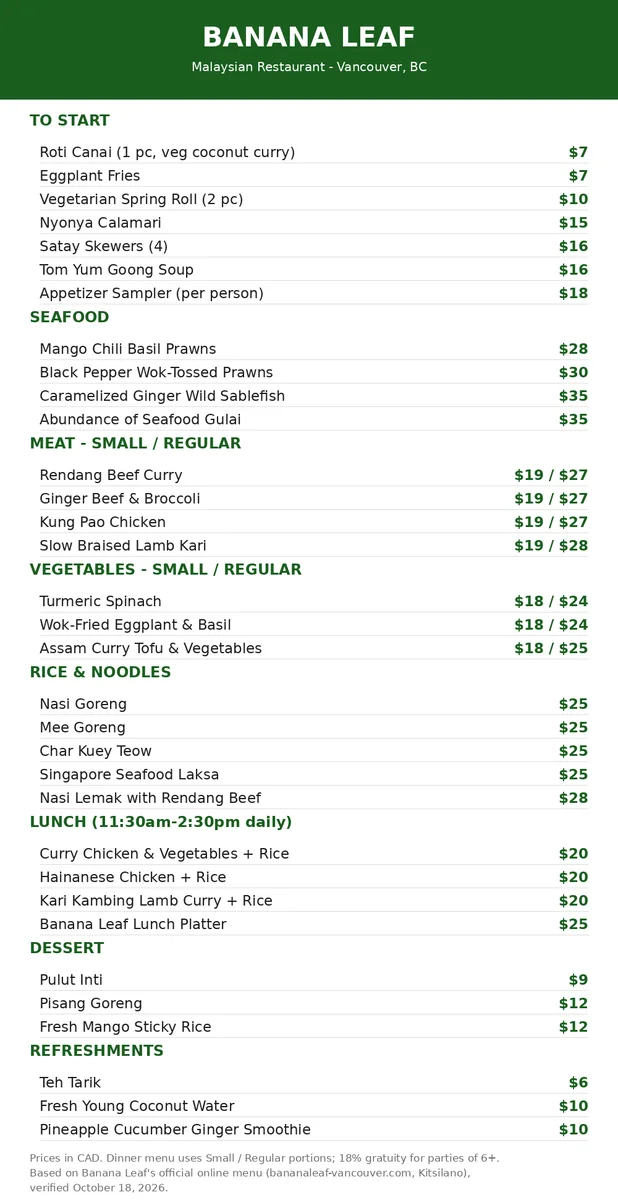 Banana Leaf menu prices Canada: full current menu card with CAD prices