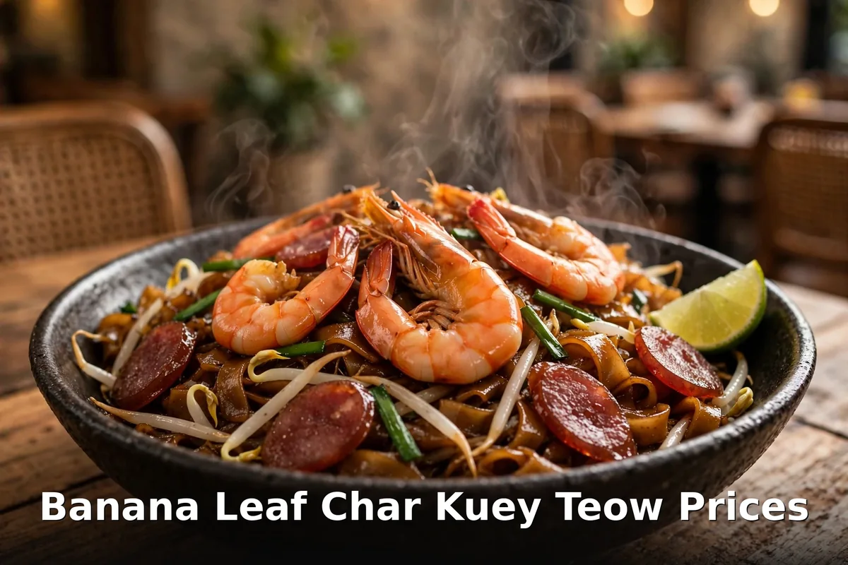 Banana Leaf Char Kuey Teow prices: steaming wok-fried flat noodles with prawns and sausage