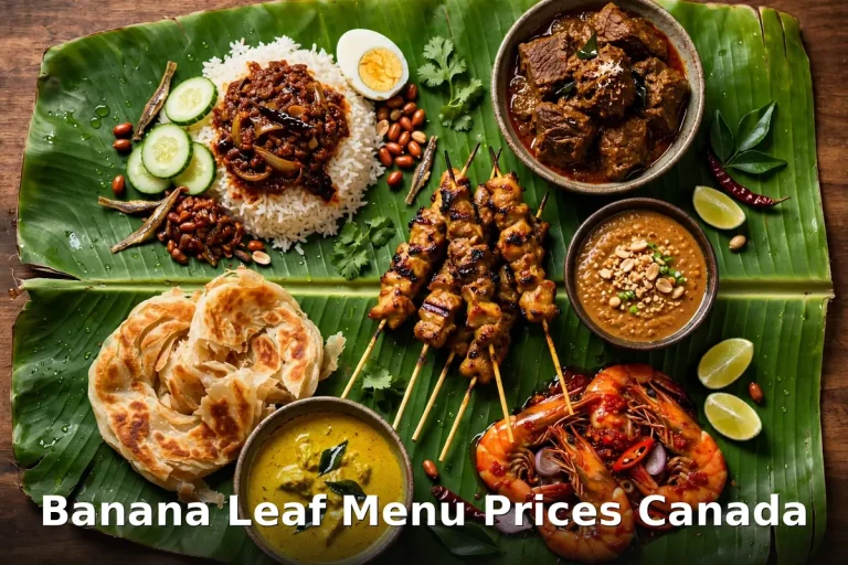 Banana Leaf menu prices Canada 2026: Malaysian spread on banana leaf with nasi lemak, satay, roti canai, rendang and prawns
