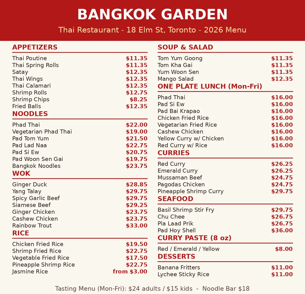 Bangkok Garden menu card Canada 2026 with current Thai appetizer, curry, noodle and rice prices in CAD, bangkok garden menu prices canada