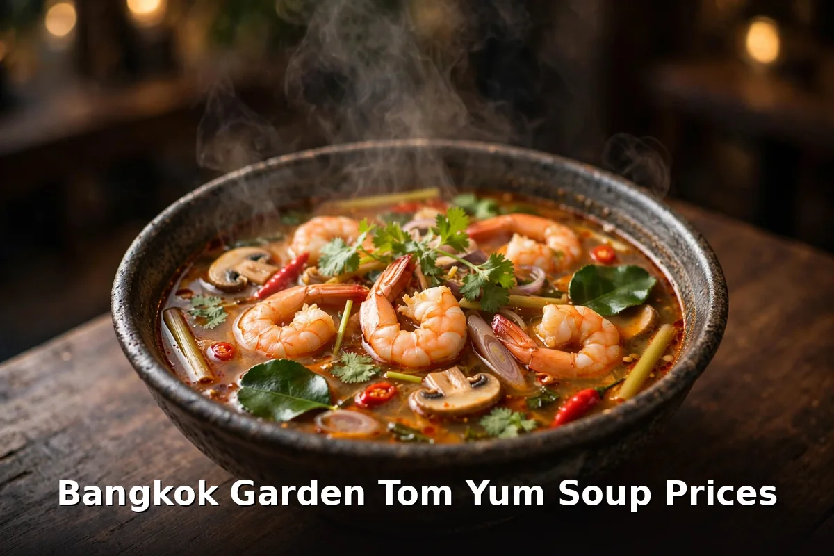 Bangkok Garden Tom Yum Goong soup price Canada 2026 - steaming bowl of hot and sour Thai shrimp soup, bangkok garden menu prices canada