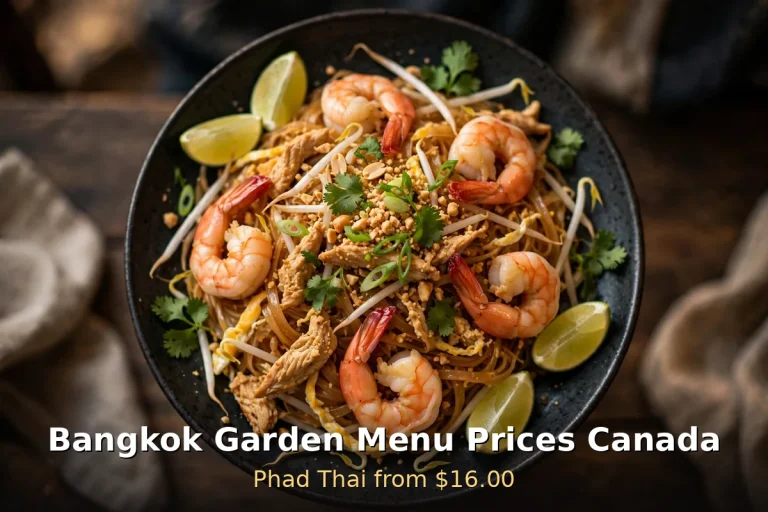 Bangkok Garden menu prices Canada 2026: AI-generated Thai feast, pad thai with shrimp and lime, bangkok garden menu prices