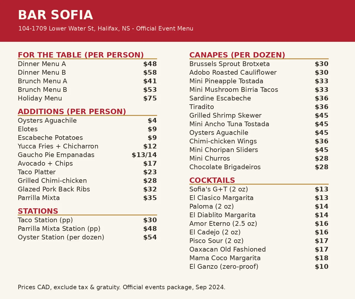 Bar Sofia menu prices Canada, current events menu card with for-the-table menus, canapes, stations and cocktail prices in CAD