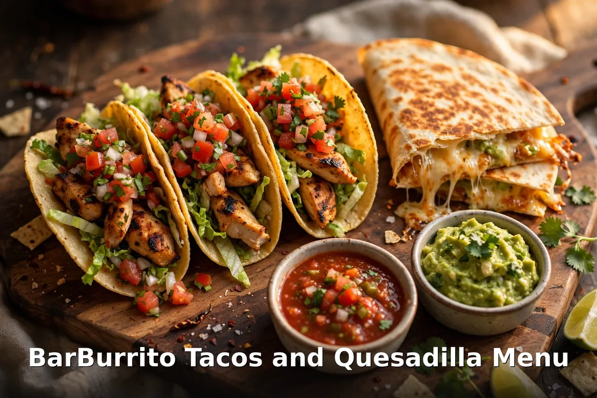 BarBurrito tacos and quesadilla menu prices Canada: chicken tacos with pico de gallo and a cheese-pull quesadilla