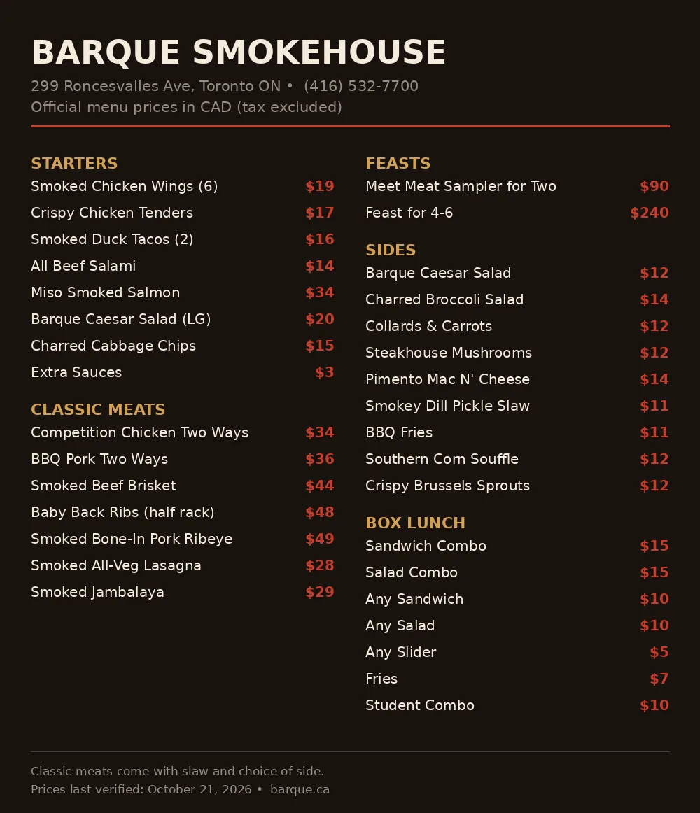 Barque Smokehouse menu card with current Canadian BBQ prices, barque smokehouse menu prices canada