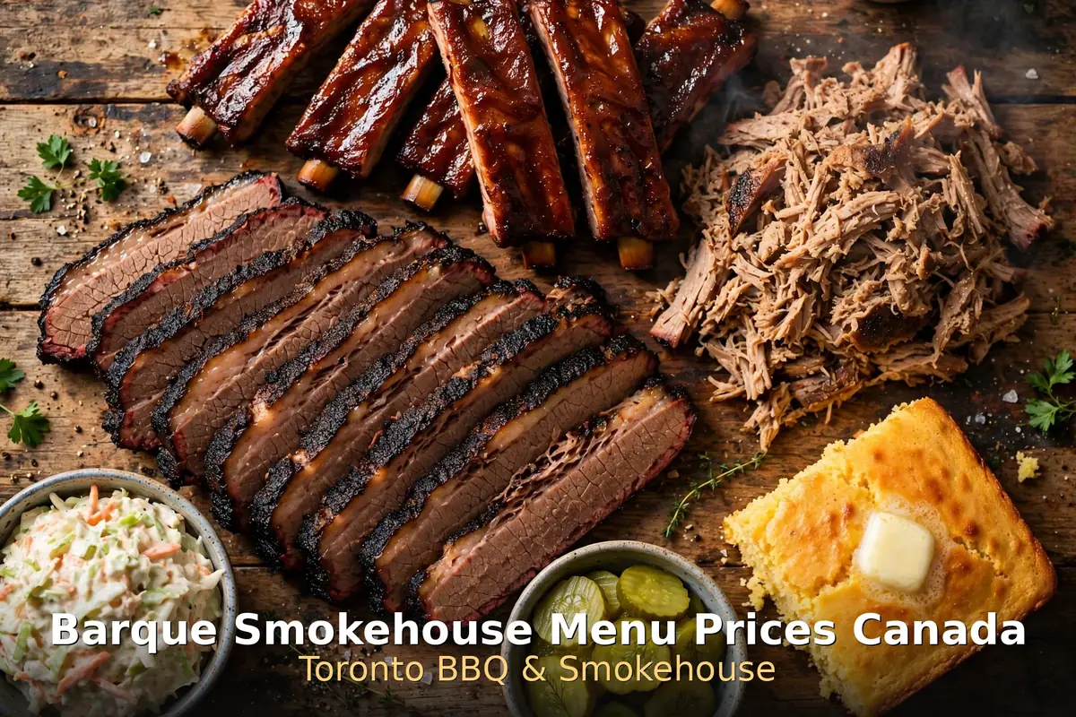 Barque Smokehouse menu prices Canada 2026, AI slow-smoked brisket and ribs platter, barque smokehouse menu prices canada