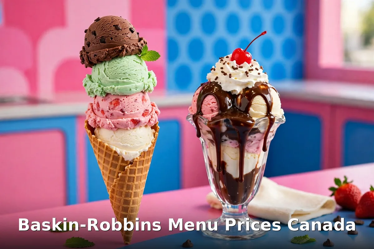 Baskin-Robbins menu prices Canada 2026, AI ice cream scoops photo with keyword text overlay
