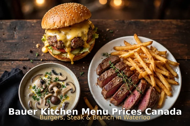 Bauer Kitchen menu prices Canada 2026 featured: AI-generated wagyu burger and steak frites bistro photo with keyword overlay