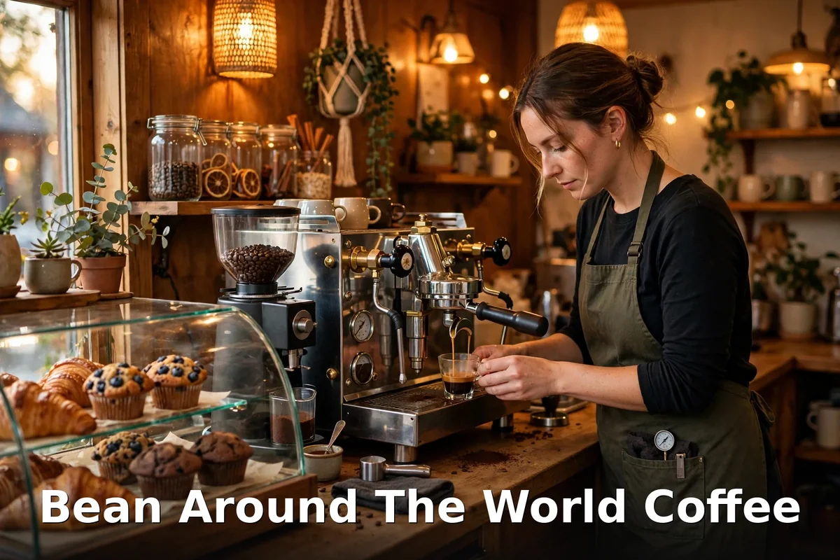 Bean Around The World coffee Victoria BC: barista pouring a flat white at the cafe counter, Bean Around The World menu prices