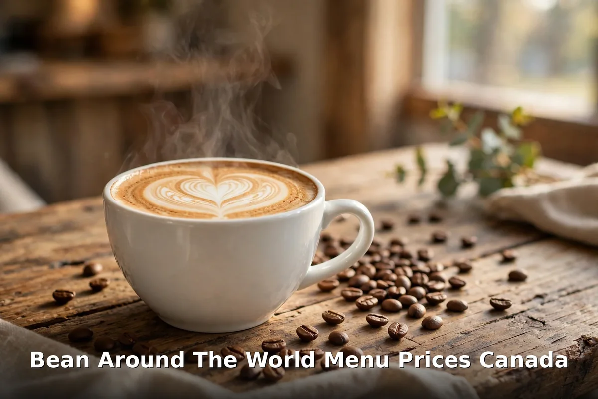 Bean Around The World menu prices Canada 2026: latte art in a ceramic cup on a wooden cafe table