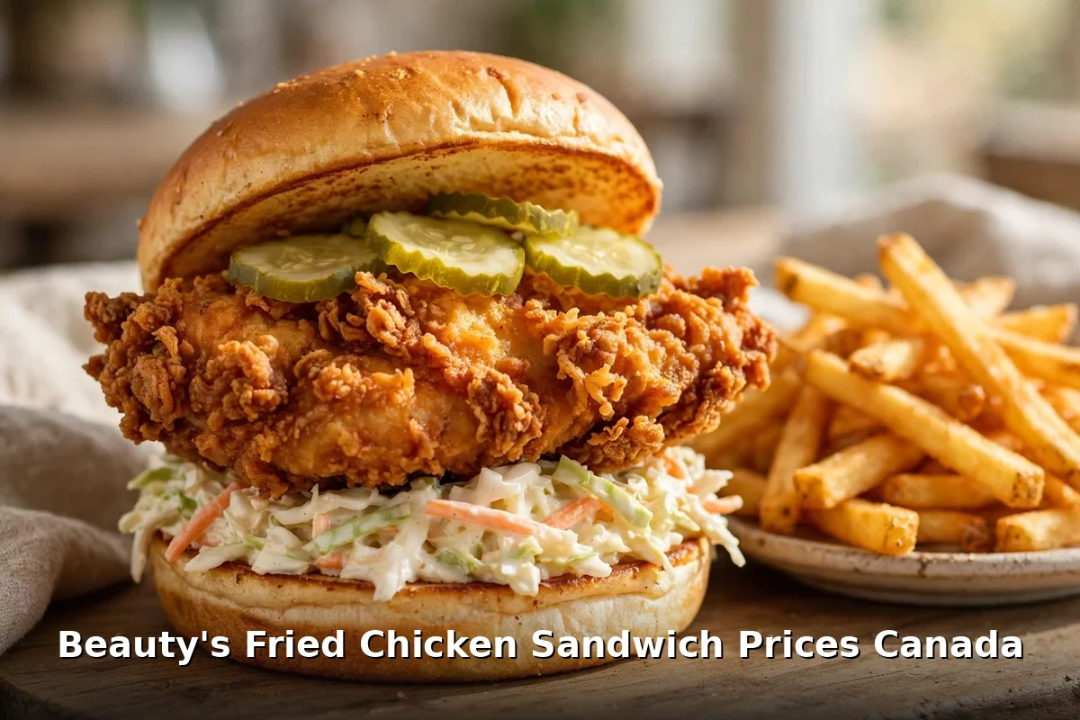 Crispy fried chicken sandwich with pickles, coleslaw and fries, beautys fried chicken menu prices canada